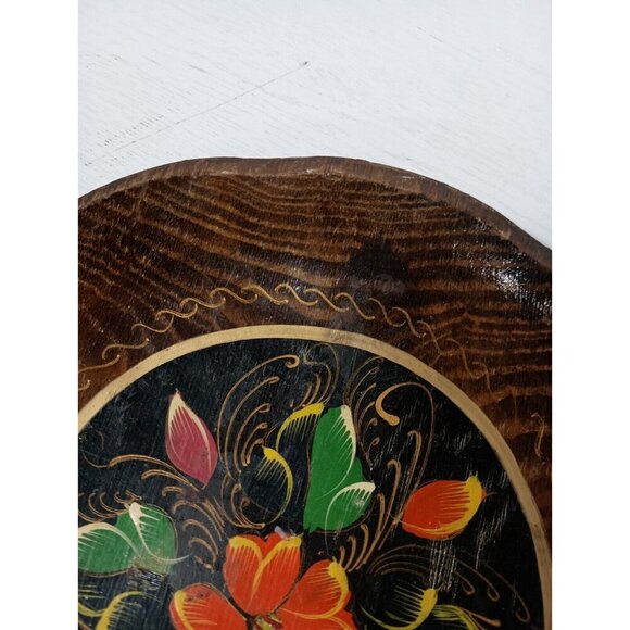 Vintage Mexican Batea Folk Art Round Wood Floral Hand Painted Tray BOHO - Picture 3 of 6